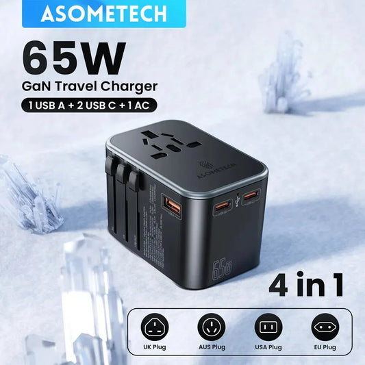 ASOMETECH 65W Travel Adapter PD PPS Type C Fast Charger EU AU US UK EU Multi Plug Travel Charger For Laptop iPhone